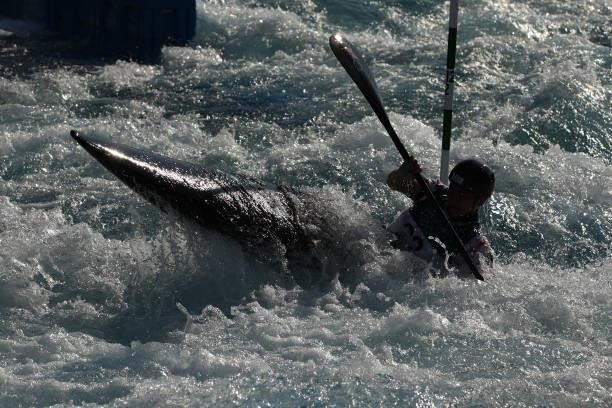 Jane Nicholas of Team Cook Islands competes in the Women's Kayak Slalom Heats 2nd Run on day two of the Tokyo 2020 Olympic Games at Kasai Canoe...