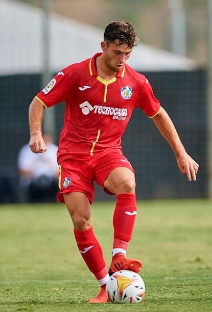 Hugo Duro of Getafe CF in action during a Pre-Season friendly match between Getafe CF and Atromitos at La Manga Club on July 24, 2021 in Cartagena,...