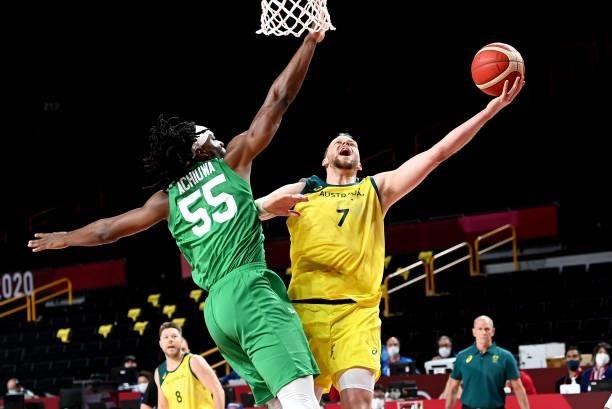 Joe Ingles of Australia drives to the basket during the preliminary rounds of the Men's Basketball match between Australia and Nigeria on day two of...