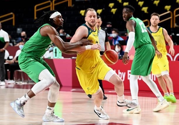 Joe Ingles of Australia in action during the preliminary rounds of the Men's Basketball match between Australia and Nigeria on day two of the Tokyo...