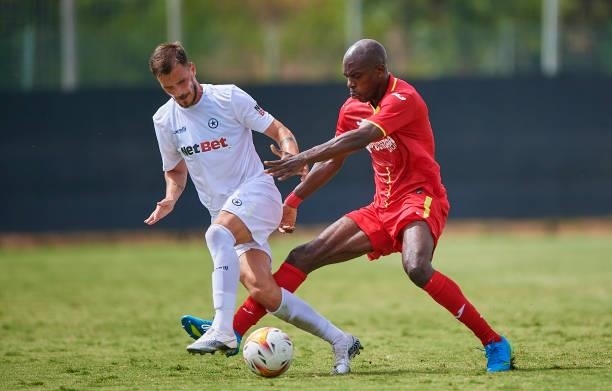 Allan Nyom of Getafe CF in action during a Pre-Season friendly match between Getafe CF and Atromitos at La Manga Club on July 24, 2021 in Cartagena,...