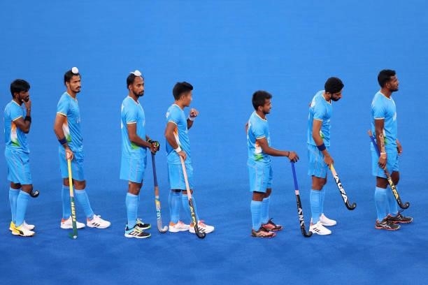 India players line up on pitch ahead of the Men's Preliminary Pool A match between India and Australia on day two of the Tokyo 2020 Olympic Games at...