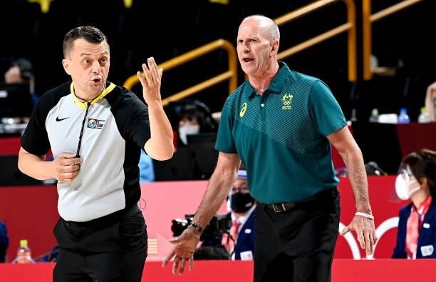 Coach Brian Goorjian of Australia questions the umpires decision during the preliminary rounds of the Men's Basketball match between Australia and...