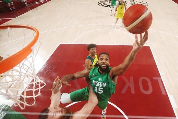 Jahlil Okafor of Team Nigeria goes up for a rebound against Australis in the first half of the Men's Preliminary Round Group B game on day two of the...
