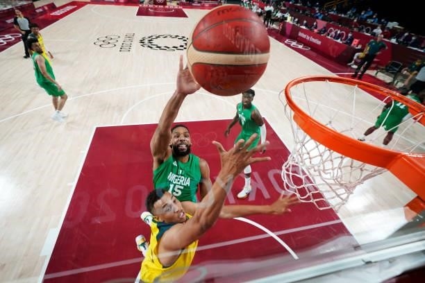 Jahlil Okafor of Team Nigeria takes a jump shot against Australia in the first half on day two of the Tokyo 2020 Olympic Games at Saitama Super Arena...