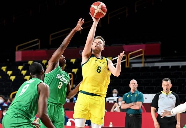 Matthew Dellavedova of Australia shoots during the preliminary rounds of the Men's Basketball match between Australia and Nigeria on day two of the...