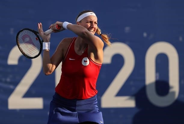 Petra Kvitova of Team Czech Republic plays a forehand during her Women's Singles First Round match against Jasmine Paolini of Team Italy on day two...