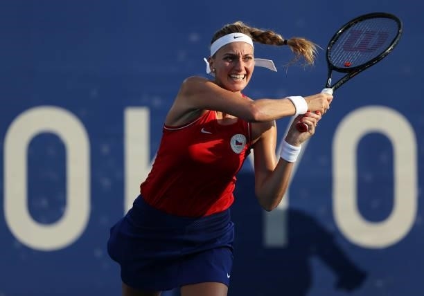 Petra Kvitova of Team Czech Republic plays a backhand during her Women's Singles First Round match against Jasmine Paolini of Team Italy on day two...
