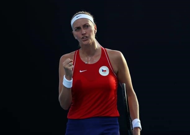 Petra Kvitova of Team Czech Republic celebrates after a point during her Women's Singles First Round match against Jasmine Paolini of Team Italy on...