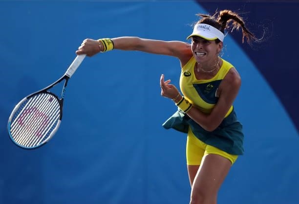 Ajla Tomljanovic of Team Australia serves during her Women's Singles First Round match against Yaroslava Shvedova of Team Kazakhstan on day two of...