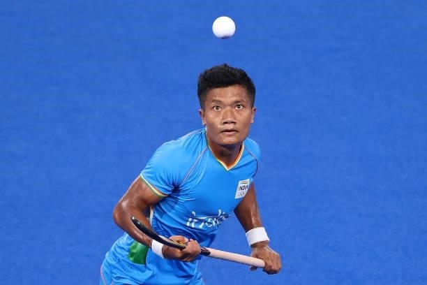 Nilakanta Sharma of Team India watches the ball during the Men's Preliminary Pool A match between India and Australia on day two of the Tokyo 2020...