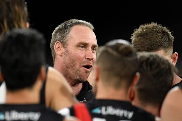 Essendon Bombers coach Ben Rutten speaks to his players during the round 19 AFL match between Essendon Bombers and Greater Western Sydney Giants at...