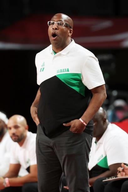 Head Coach Mike Brown of Team Nigeria shouts instructions to his team during the first half of their game against Australia in Men's Preliminary...