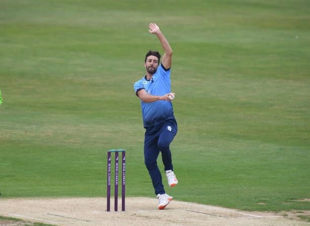 Ben Sanderson of Northamptonshire bowls during the Royal London Cup match between Northamptonshire and Glamorgan at The County Ground on July 25,...