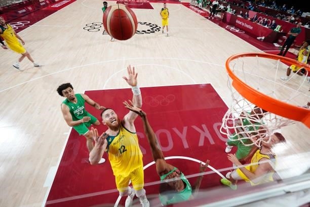 Aron Baynes of Team Australia attempts to pull down a rebound against Team Nigeria during the first half of the Men's Preliminary Round Group B game...
