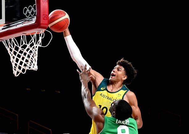 Matisse Thybulle of Australia drives to the basket during the preliminary rounds of the Men's Basketball match between Australia and Nigeria on day...