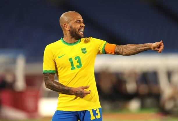 Dani Alves of Team Brazil reacts during the Men's First Round Group D match between Brazil and Cote d'Ivoire on day two of the Tokyo 2020 Olympic...