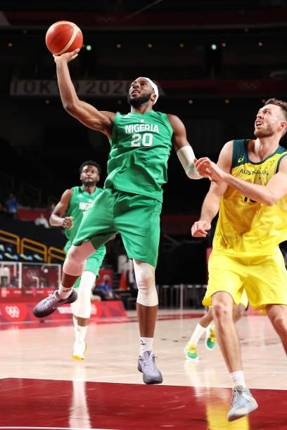 Josh Okogie of Team Nigeria drives to the basket against Team Australia during the 2nd half of the Men's Preliminary Round Group B game on day two of...
