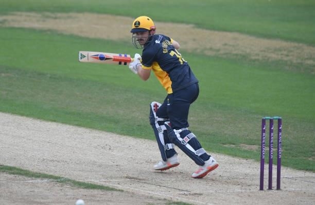 Hamish Rutherford of Glamorgan bats during the Royal London Cup match between Northamptonshire and Glamorgan at The County Ground on July 25, 2021 in...