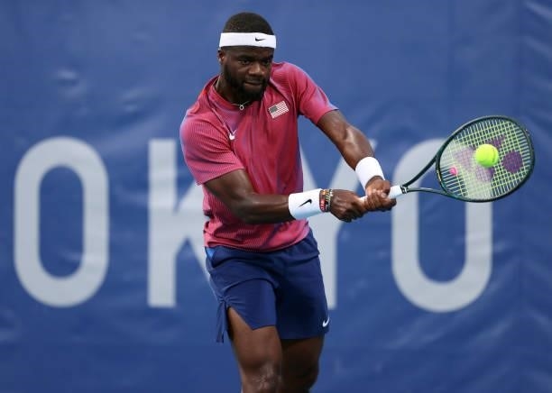 Frances Tiafoe of Team USA plays a backhand during his Men's Singles First Round match against Soonwoo Kwon of Team South Korea on day two of the...
