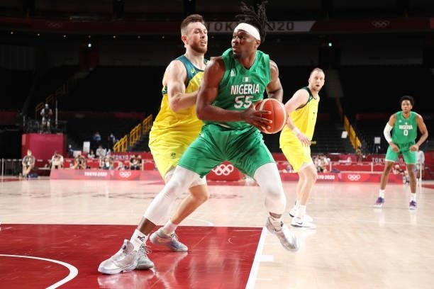 Precious Achiuwa of Team Nigeria drives to the basket against Team Australia in the second half of the Men's Preliminary Round Group B game on day...