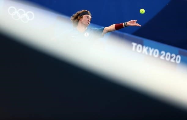 Andrey Rublev of Team ROC serves during his Men's Singles First Round match against Kei Nishikori of Team Japan on day two of the Tokyo 2020 Olympic...