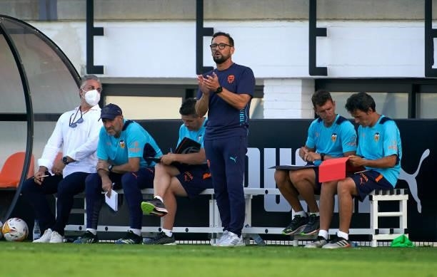 Jose Bordalas, Manager of Valencia CF reacts during the pre-season friendly match between Valencia CF and FC Cartagena at Antonio Puchades Stadium on...