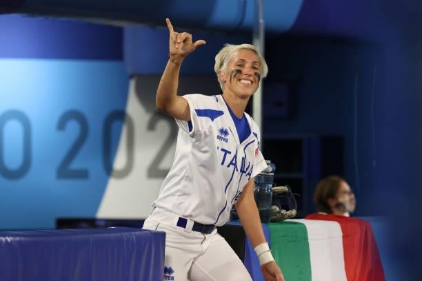 Amanda Fama of Team Italy takes the field for the game against Team Mexico during the Softball Opening Round on day two of the Tokyo 2020 Olympic...