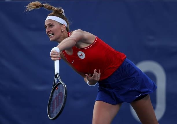 Petra Kvitova of Team Czech Republic serves during her Women's Singles First Round match against Jasmine Paolini of Team Italy on day two of the...