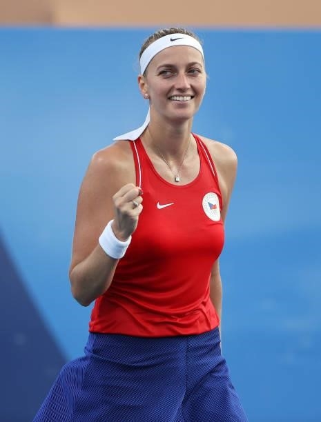 Petra Kvitova of Team Czech Republic celebrates after match point during her Women's Singles First Round match against Jasmine Paolini of Team Italy...