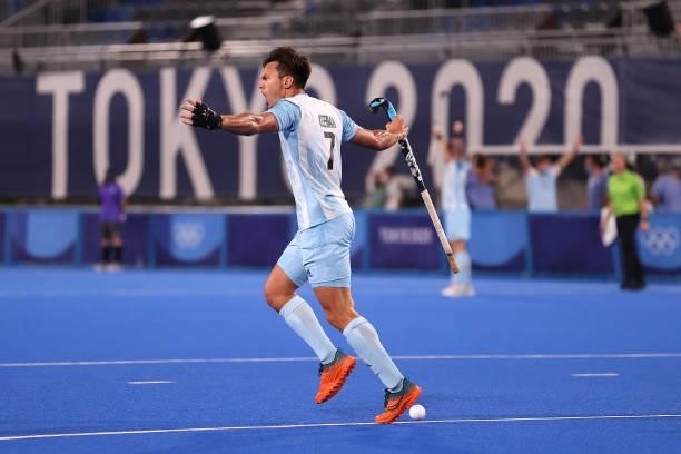 Nicolas Santiago Keenan of Team Argentina celebrates after scoring their team's second goal during the Men's Preliminary Pool A match between Japan...