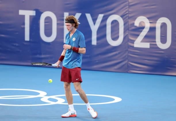 Andrey Rublev of Team ROC prepares to serves during his Men's Singles First Round match against Kei Nishikori of Team Japan on day two of the Tokyo...
