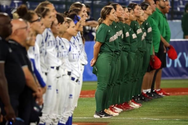 Team Mexico looks on during the national anthem prior to their game against Team Italy during the Softball Opening Round on day two of the Tokyo 2020...