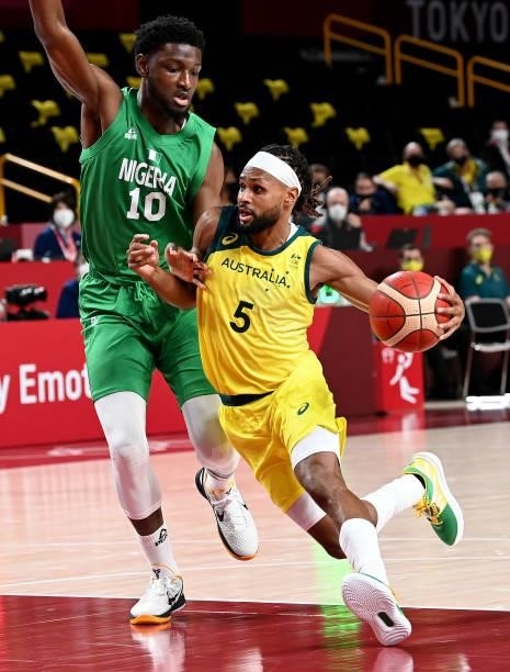 Patty Mills of Australia drives to the basket during the preliminary rounds of the Men's Basketball match between Australia and Nigeria on day two of...