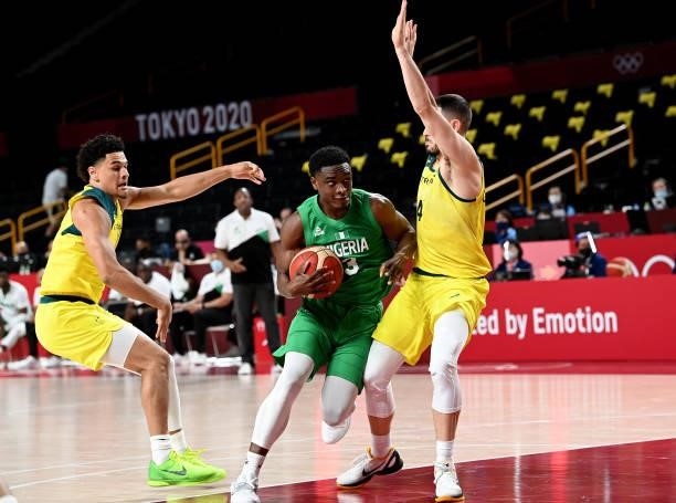 Caleb Agada of Nigeria drives to the basket during the preliminary rounds of the Men's Basketball match between Australia and Nigeria on day two of...