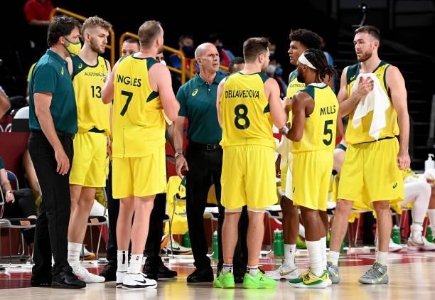 Coach Brian Goorjian of Australia talks to his players during the preliminary rounds of the Men's Basketball match between Australia and Nigeria on...