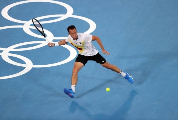 Philipp Kohlschreiber of Team Germany plays a forehand during his Men's Singles First Round match against Stefanos Tsitsipas of Team Greece on day...