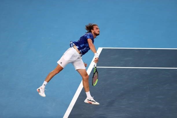 Stefanos Tsitsipas of Team Greece serves during his Men's Singles First Round match against Philipp Kohlschreiber of Team Germany on day two of the...