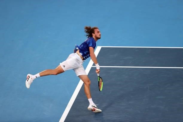 Stefanos Tsitsipas of Team Greece serves during his Men's Singles First Round match against Philipp Kohlschreiber of Team Germany on day two of the...