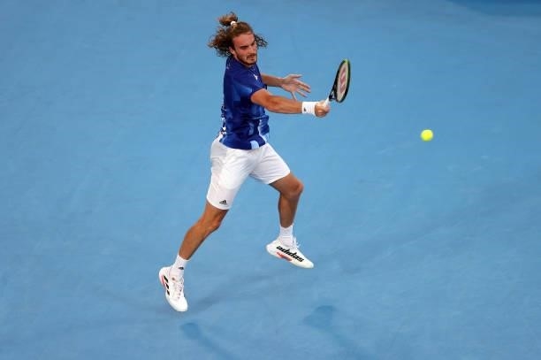 Stefanos Tsitsipas of Team Greece plays a forehand during his Men's Singles First Round match against Philipp Kohlschreiber of Team Germany on day...