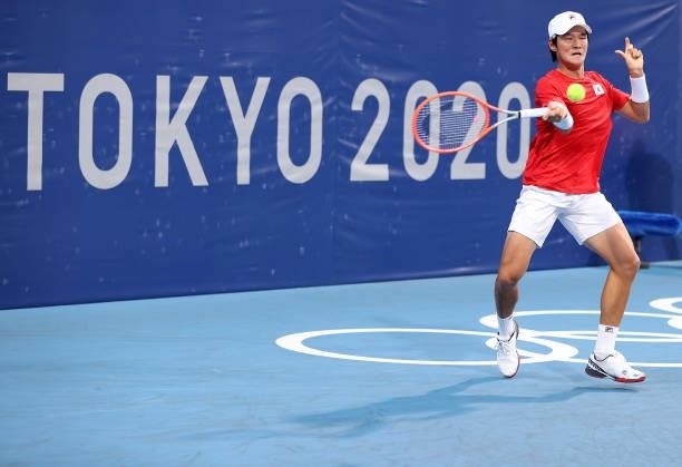 Soonwoo Kwon of Team South Korea plays a forehand during his Men's Singles First Round match against Frances Tiafoe of Team USA on day two of the...