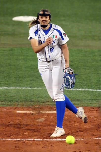 Greta Cecchetti of Team Italy pitches in the first inning against Team Mexico during the Softball Opening Round on day two of the Tokyo 2020 Olympic...