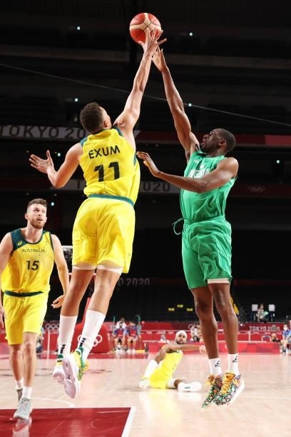 Ekpe Udoh of Team Nigeria takes a shot over Dante Exum of Team Australia in the second half of the Men's Preliminary Round Group B game on day two of...