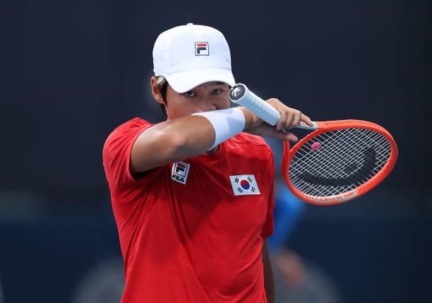 Soonwoo Kwon of Team South Korea reacts after a point during his Men's Singles First Round match against Frances Tiafoe of Team USA on day two of the...