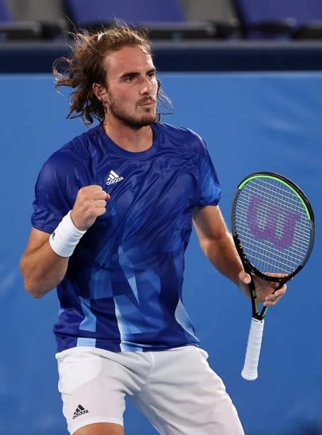 Stefanos Tsitsipas of Team Greece celebrates after a point during his Men's Singles First Round match against Philipp Kohlschreiber of Team Germany...