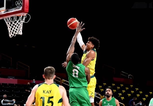 Matisse Thybulle of Australia drives to the basket during the preliminary rounds of the Men's Basketball match between Australia and Nigeria on day...