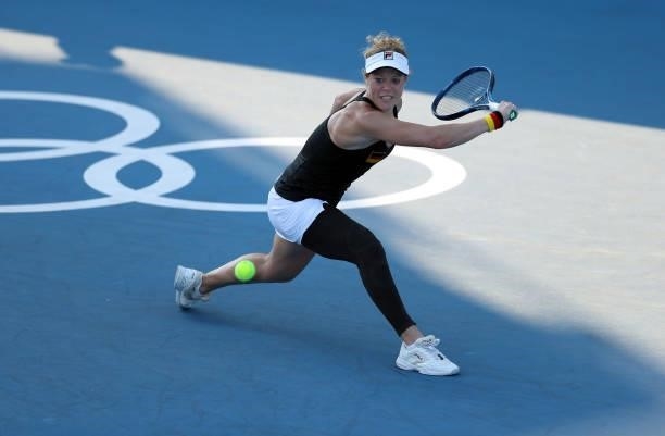 Laura Siegemund of Team Germany plays a backhand during her Women's Singles First Round match against Elina Svitolina of Team Ukraine on day two of...