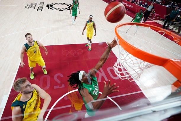 Precious Achiuwa of Team Nigeria drives to the basket against Jock Landale of Team Australia during the second half of Men's Preliminary Round Group...