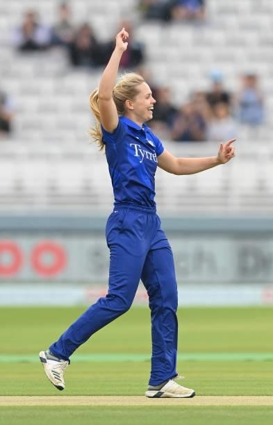 Freya Davies of London Spirit celebrates after dismissing Georgia Adams of Oval Invincibles during The Hundred match between London Spirit and Oval...