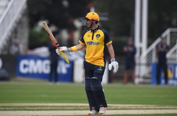 Hamish Rutherford of Glamorgan celebrates reaching his 50 during the Royal London Cup match between Northamptonshire and Glamorgan at The County...